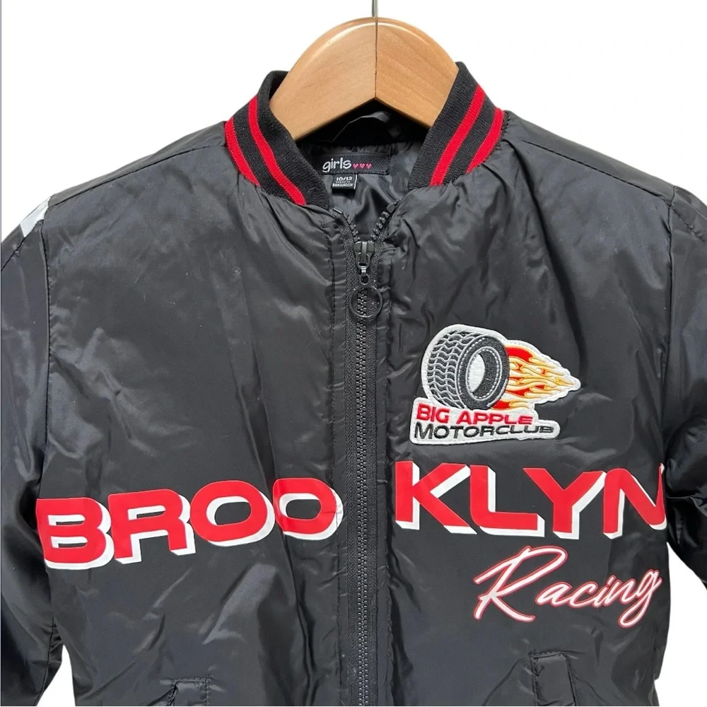 GIRLS Brooklyn Racing Moto Bomber Jacket Puffer‎ Black Red Patches Grunge Sporty